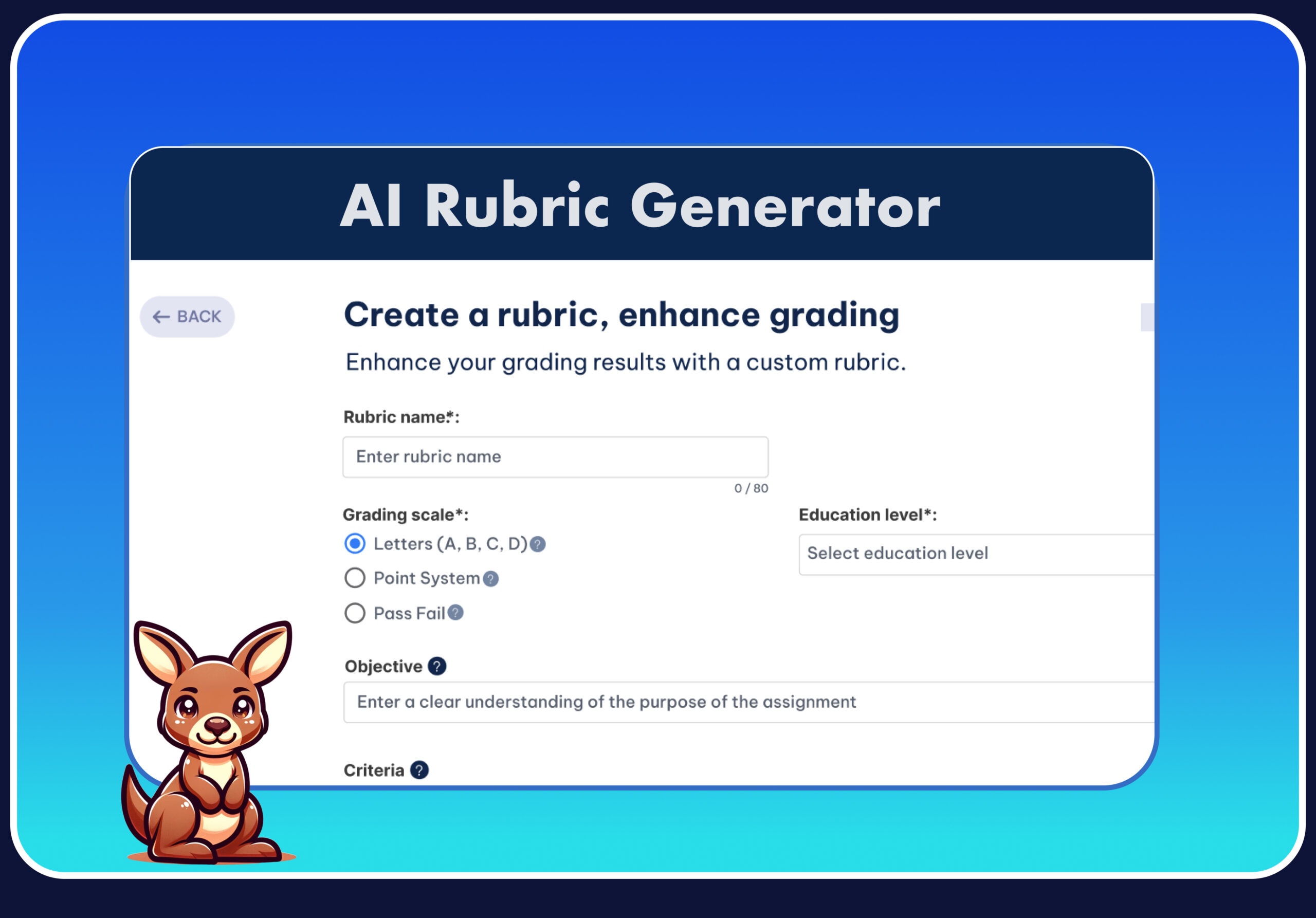 AI rubric generator dashboard for teachers to easily create rubrics