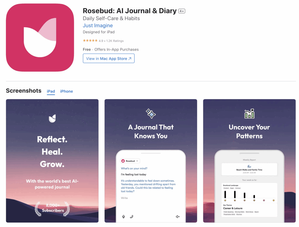 Rosebud AI Journaling app for daily self care and habits