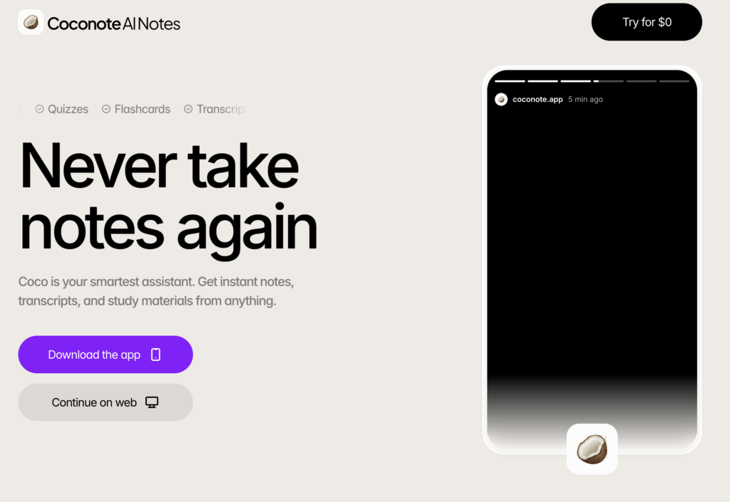 Coconote ai note taker homepage