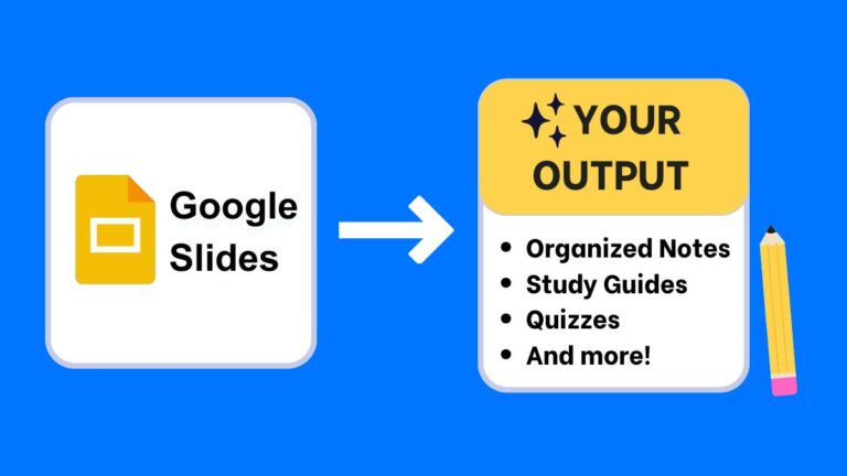 Excellent illustration showing Google Slides converting to organized AI notes, quizzes, study guides, lesson plans, and more AI workflow.