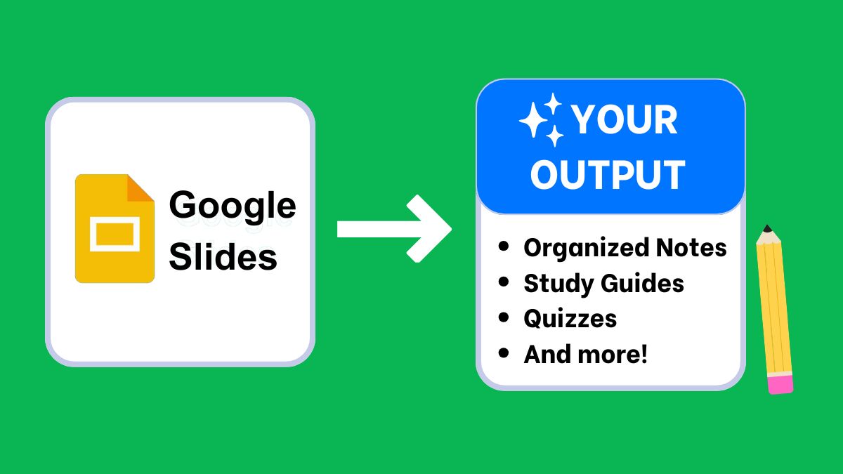 Excellent illustration showing google slides converting to organized ai notes, quizzes, study guides, lesson plans, and more ai workflow.