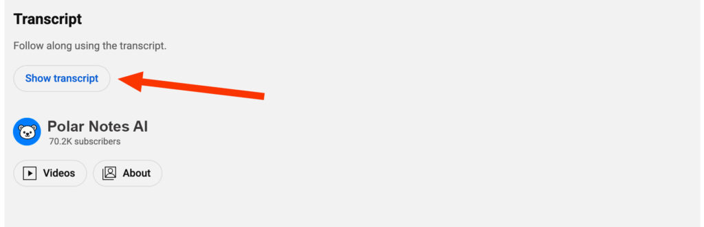 Polar notes ai, ai note taker youtube channel with over 70. 2k subscribers showing where youtube transcription button is to export youtube transcript text